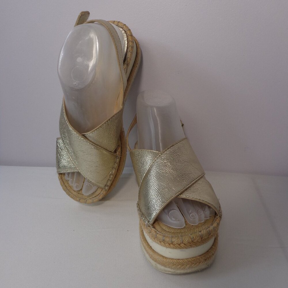 Marc Fisher Metallic Gold Leather Espadrille Platform Wedge Sandal Womens Sz 7.5